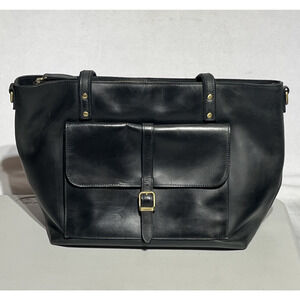 S Zone Leather Laptop Travel Tote Bag Black Zip Top Shoulder Bag Work Office